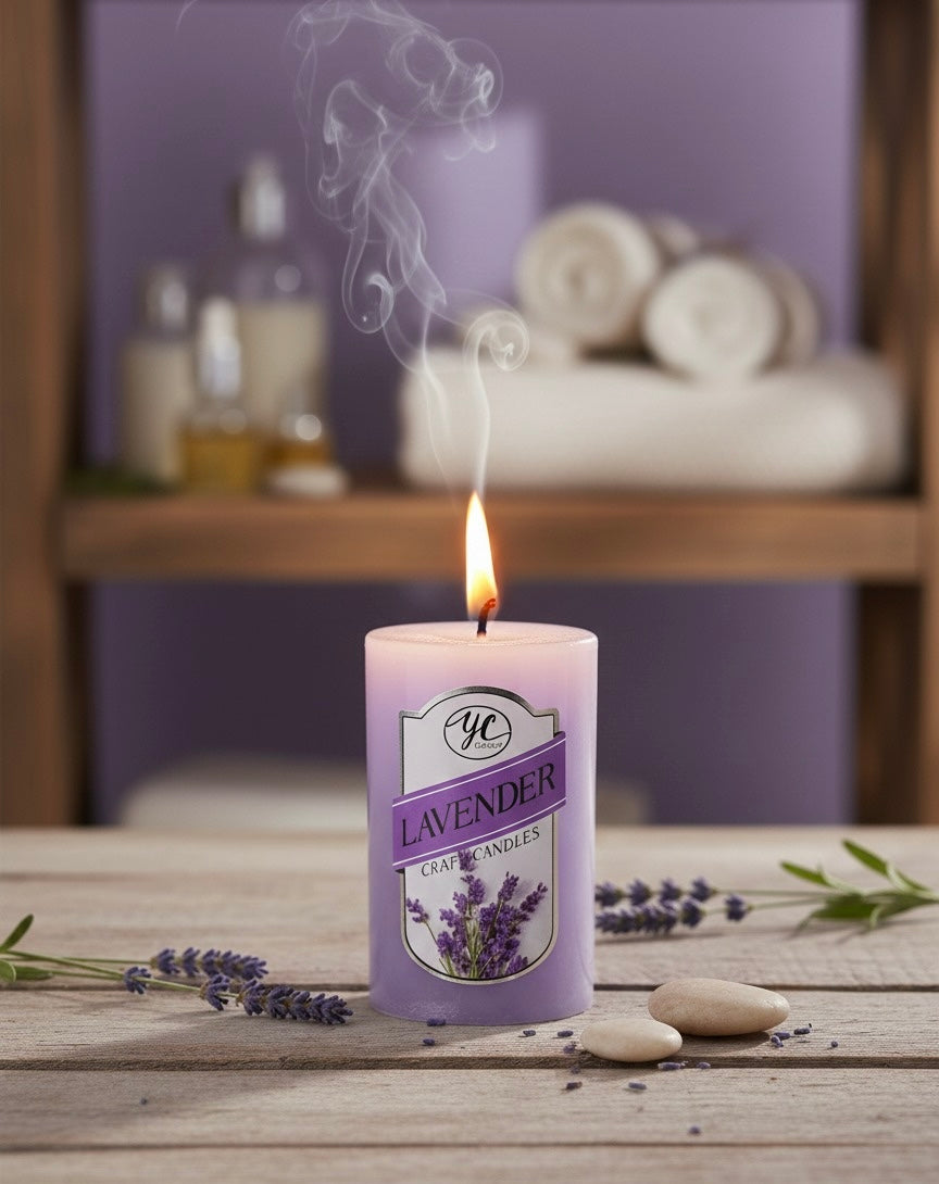 Aesthetic lavender candle in glass jar for spa-like home atmosphere and stress relief