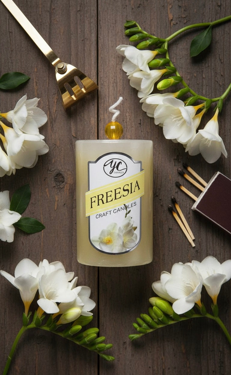 Freesia candle with floral decorations on a wooden surface