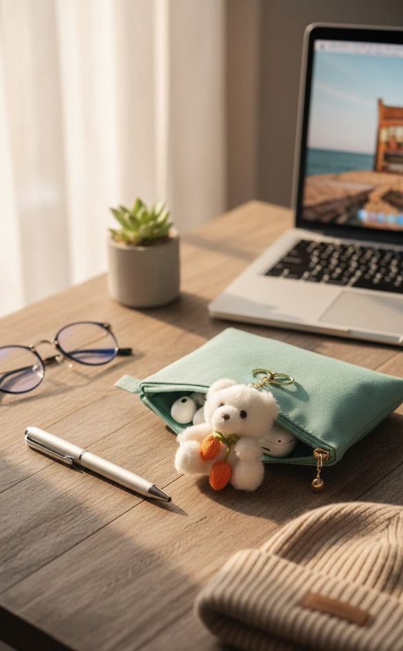 Mini white plush keychain cute soft bag charm accessory