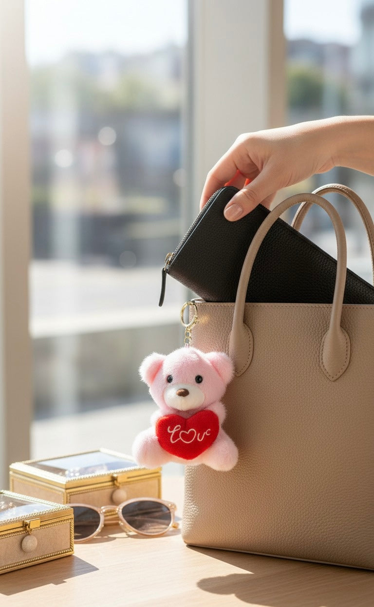 Pink bear with heart plush keychain cute bag charm gift