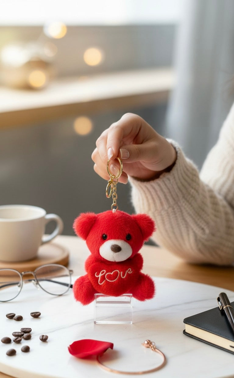 Red bear with heart plush keychain cute bag charm gift