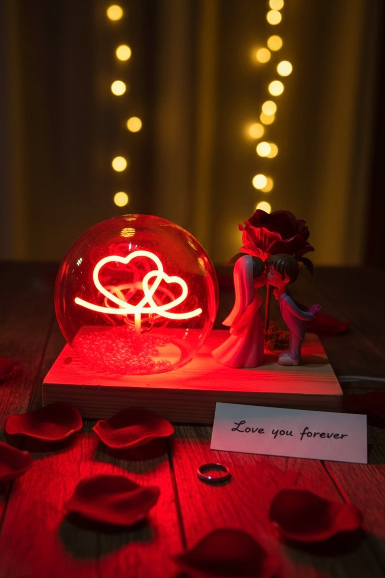 Warm Red LED heart lamp glowing on a bedside table creating a romantic atmosphere